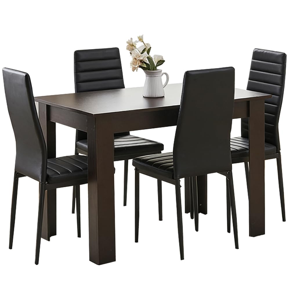 Homullel 5 Piece Dining Room Table and Chairs Set for Dining Room Kitchen, Modern Wooden Dining Table with Chairs for Family Dinner Set (With 4Pcs Black Leather Chairs, 110cm Black Table)