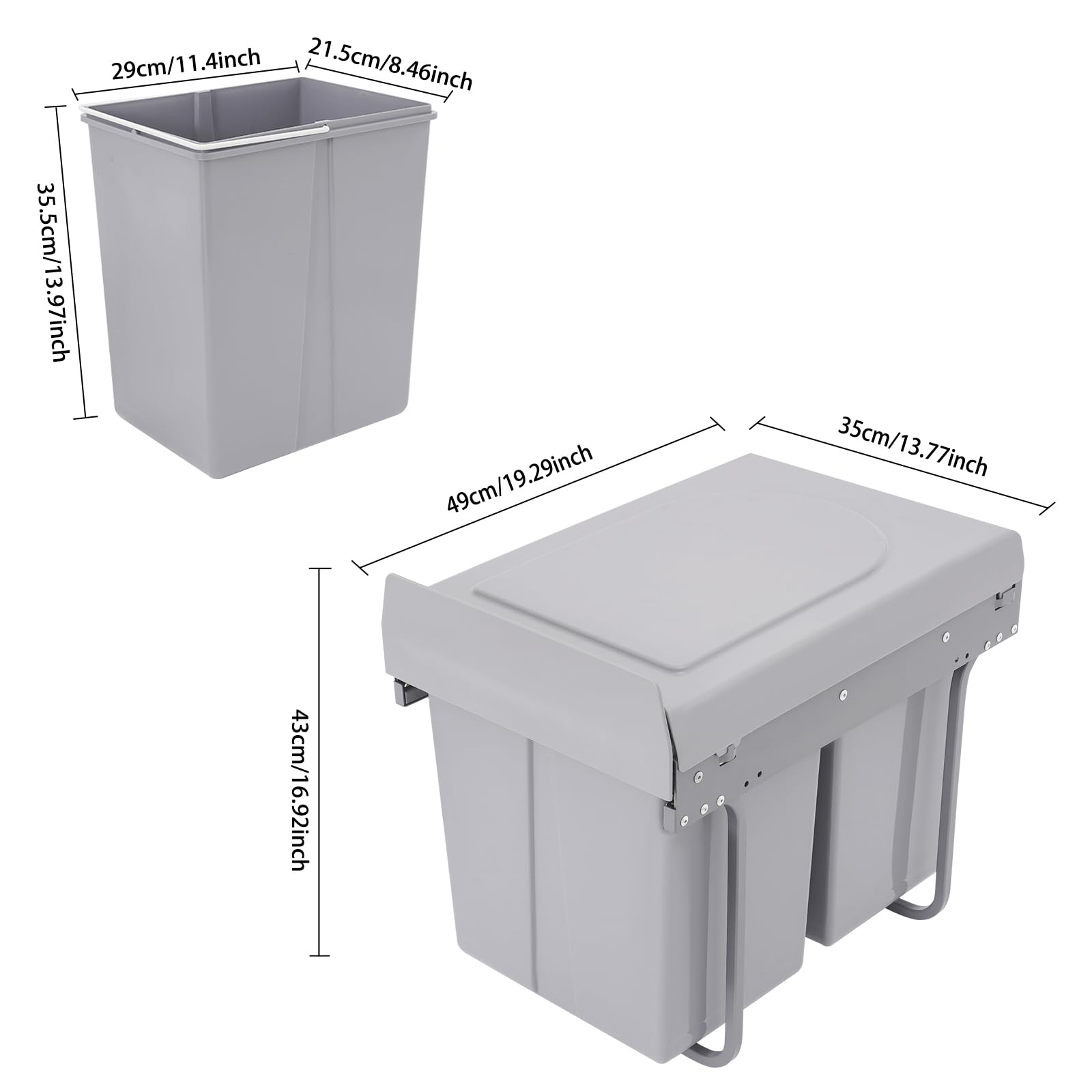 Cubo de basura de cocina (2 x 20 L, extensible) | Cubo de basura doble para armario con rieles silenciosos para cocina, restaurante, gris, 49 x 35 x 43 cm