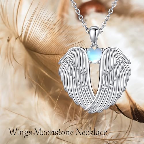 Image of YFN Angel Wings Necklace 925 Sterling Silver Guardian Angel Wings Pendant Necklace Birthstone Necklace for Women Girls Christmas Jewelry Gifts