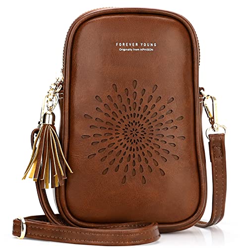 APHISON Cell Phone Purse Crossbody for Women, Sunflower Leather Phone Crossbody Bags for Women, Cute Phone Bag for Teen Girls with Tassel Adjustable Long Strap Coffee