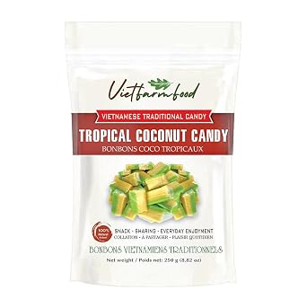 TROPICAL COCONUT CANDY 8.82 Oz 250g VIETFARMFOOD - Soft Chewy Pandan & Durian Asian Snack, Naturally Fragrant, Made in Vietnam