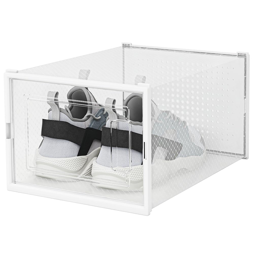 BAKAJI 12 cajas apilables para zapatos de plástico con copechi, montaje fácil, ahorran espacio transparentes, cajas organizadoras de almacenamiento, (juego de 12 unidades, 35 x 25 x 19 cm)