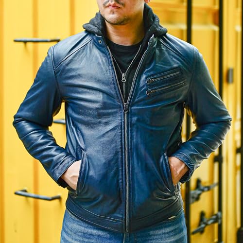 Image of Jild Hooded 2.0 Leather Jacket Men - Genuine Lambskin Leather Bomber Jacket with Removable Hood for Mens Fashion