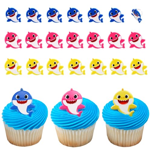 DecoPac Baby Shark Rings, Cupcake Toppers Featuring Baby Shark, Mommy Shark, And Daddy Shark, Blue, Pink, And Yellow 3D Food Safe Cake Decorations – 24 Pack