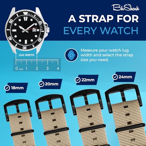Image of BluShark - Original Collection Military-Style Waterproof Watch Strap, Fits All Timepiece Brands, Durable Nylon Wristwatch Accessories with Stainless Steel Buckle - 18mm, 20mm, 22mm & 24mm Watch Bands