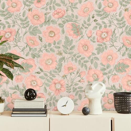 VEELIKE Vintage Pink Poppies Floral Peel and Stick Wallpaper Boho Flower Wallpaper for Nursery Bedroom 17.7\'\'x118\'\' Floral Contact Paper for Cabinets Drawers Prepasted Removable Wall Paper