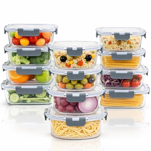 Kit 12 Potes Herméticos Yab Vidro Borossilicato com Tampa Hermética Quadrado Redondo e Retangular Tamanhos Pequeno Médio e Grande Alta Durabilidade e Resistência Térmica para Alimentos