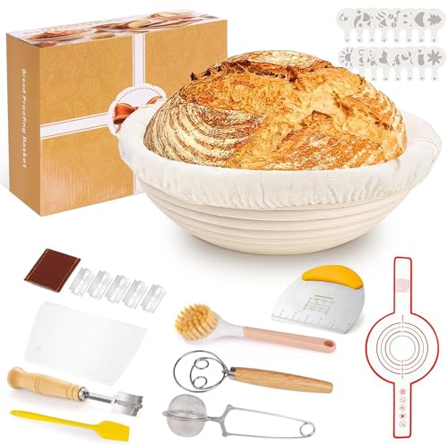 Toyvile 10-teilig Gärkorb Brot Set 23cm Gärkörbchen zum Brotbacken Sauerteig Starter Set Brot Backen Zubehör zum Teigschneider Leineneinsatz Teigrührer & Brot Lame Gärkörbchen Rund für Anfänger