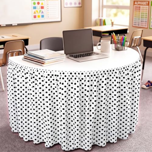 Image of Oudain 14 ft Black and White Polka Dots Table Skirt Cloths for Teacher Desk Boho Wrinkle Polka Dots White Table Cover Skirt for Kindergarten Classroom Kidney Shaped Desk Back to School Supplies
