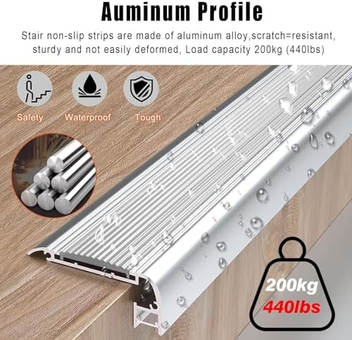 LED Stair Nosing Edging Trim - Anti-Slip Aluminum Step Edge Light for Tiles - 20 Pack, Silver, 56” Length - Enhance Safety & Style in Stair Lighting