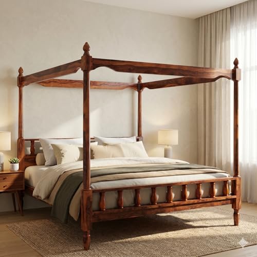 Image of Solid Sheesham Wood Poster Bed | Queen Size Canopy Bed Frame Without Storage | Honey Finish Solid Wooden Double Bed for Bedroom