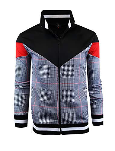 SCREENSHOT-F11957 Mens Urban Hip Hop Premium Track Jacket - Slim Fit Side Taping Checker Pattern Urbanwear Fashion Top-Black/Patch-Xlarge