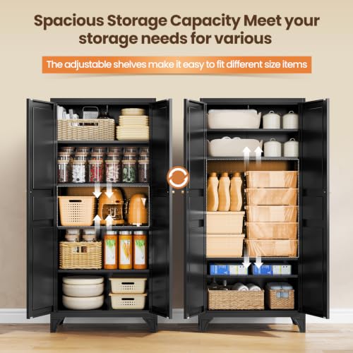 Image of Yizosh Metal Storage Cabinet with 2 Doors and 4 Adjustable Shelves - 71 inch Black Kitchen Pantry Storage Cabinet,4-Tier Tall Steel Cabinet Locker for Living Room,Dining Room,Kitchen