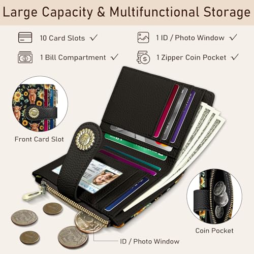 Image of Kelvoris Highland Cow Sunflower Small Rfid Women Wallet Zipper Coin Pocket | Cattle Bifold PU Leather Compact Cash Credit Card Holder Travel Purse for Female Ladies Teen Girls 1 ID Window 10 Card Slots