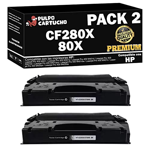 Pulpo Cartucho   Toner CF280X Premium Negro Compatible con HP CF280X Premium/Ref. 80X   Pack 2   Premium   Valido para Impresoras Laserjet Pro 400 M401 / M425