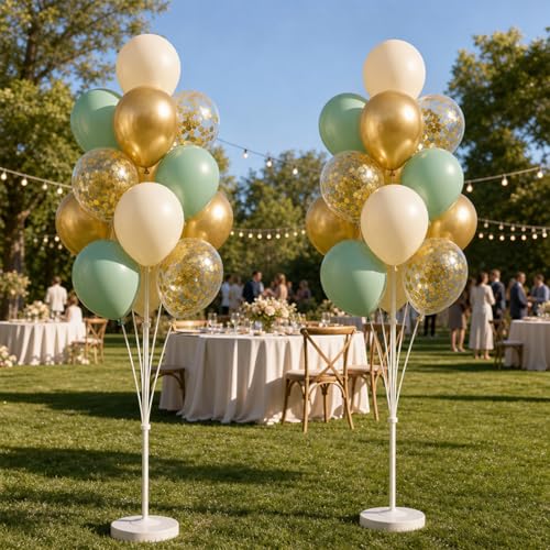 Image of Balloon Column Stand Kit with Balloons, Base and Pole, Balloon Column Kit for Floor or Table Backdrop Decoration for Party Wedding Baby Shower Birthday Graduation (T-Sage Green Gold)
