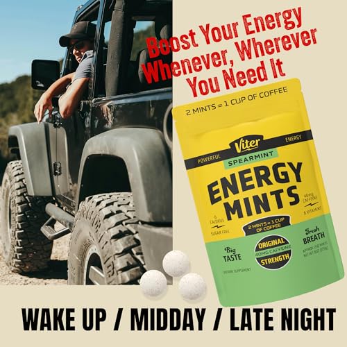Image of Viter Energy 40mg Caffeine Mints - Sugar Free, B Vitamins, Vegan, Boosts Fast Energized Alert Focus, Caffeinated Nootropic Supplement Pills (Spearmint Flavor, 8oz, Bulk Bag)