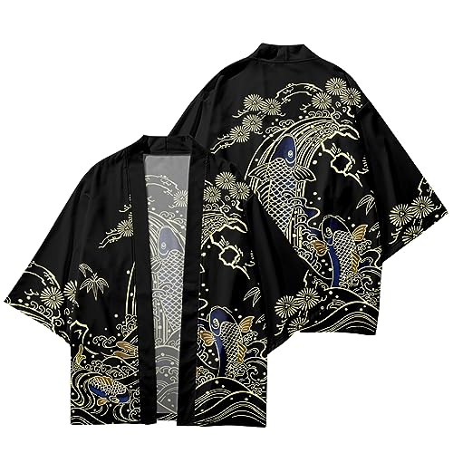 Image of DOSLAVIDA Men's Japanese Kimono Jacket Set Stylish Open Front Coat With Shorts Chinese Style Printed Cardigan Suit