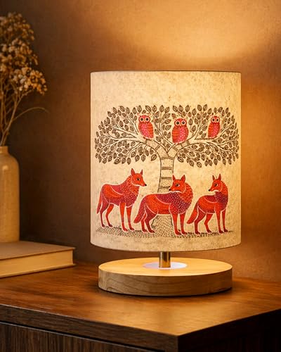 Image of Homesake Pine Table Lamp Wooden Bedside Lamp Simple Bedroom Light Linen Shade Mini Desk Lamp Nightstand Lamp for Bedroom, Living Room, Gift, (Gond Art of India Shade Cylinder)