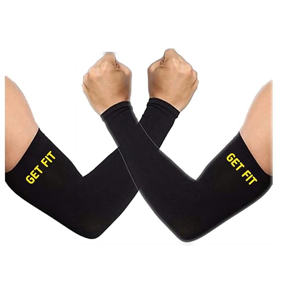 GET FIT Stylish Sports Arm Sleeves for Boys and Men Sports Athletic Arm Sleeves Perfect for Cricket, Bike Riding, Cycling, Basketball, Baseball, Running & Outdoor Activities (1 Pair) (Black)