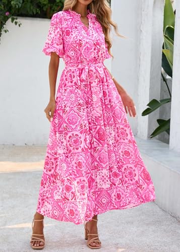 Image of KIRUNDO Women Spring Summer Wedding Guest Boho Floral Maxi Dress Puff Sleeve Button Shirt V Neck Flowy Beach Vacation Dress