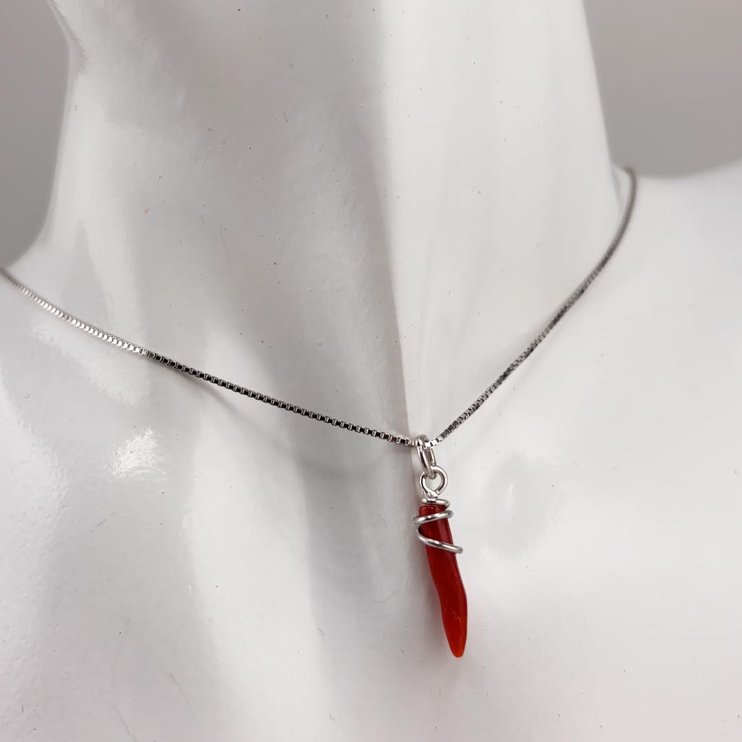Collana con ciondolo cornetto in corallo rosso naturale e giro di argento 925 rodiato fatto a mano catenina veneziana 40/45/50 cm a scelta gioiello artigianale unisex uomo donna