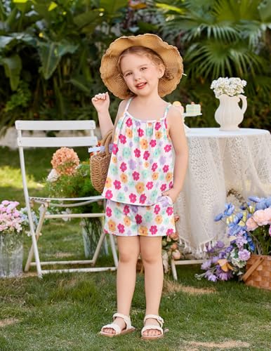 Image of Arshiner Toddler Girl Summer Clothes 2 Piece Loose Spaghetti Strap Tank Top and Short Set Kids Clothing Sets with Pockets