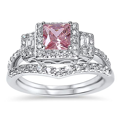 Pink CZ Wedding Ring Set for Women, Simulated Topaz Bridal Engagement Ring Set in Sterling Silver Size 5