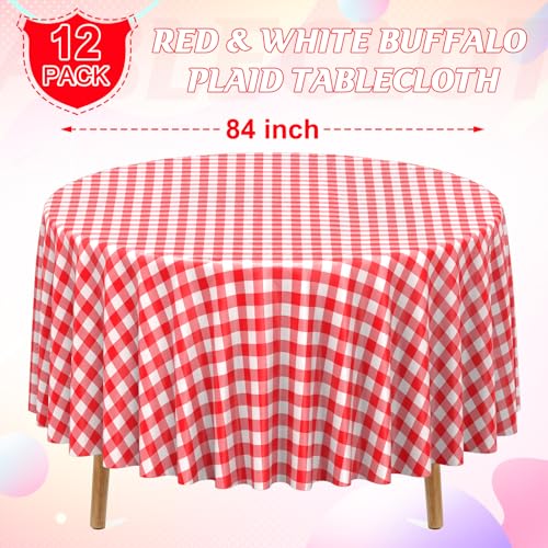 Image of 12 Pack Red and White Plastic Checkered Tablecloth Round, Premium Decorative Disposable Red Gingham Plaid Table Cloths for Parties, Round Party Table Cover for Picnic Farm Birthday Wedding, 84 Inch