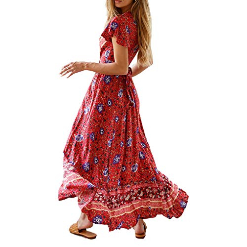 Mulheres Praia Boho manga curta vestido longo menina manga curta maxi Floral Impresso Dividir Sundre