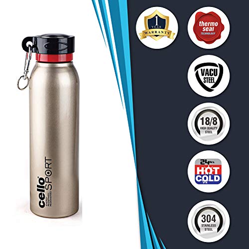 Image of CELLO Beatle Insulated Stainless Steel Flask 1000 ml, Gold | Double Wall Insulated 24 Hours Hot & Cold Leakproof Easy One Hand Grip Thermosteel Flask Water Bottle for Office Gym Travel & Daily Use