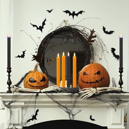 Image of Orange & Black Flameless Taper Candles with Remote, Halloween LED Candles | Battery Operated Candle with 3D Wick, 9.6 inch Real Wax Fake Candlesticks, Warm Candle Light for Home, Table, Party, 6 Pack