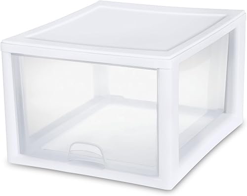 Sterilite 27 Quart White Frame Clear Plastic Stackable Storage Container Bin wSingle Drawer for Craft, Pantry, Sink, & Desktop Organization, 16 Pack