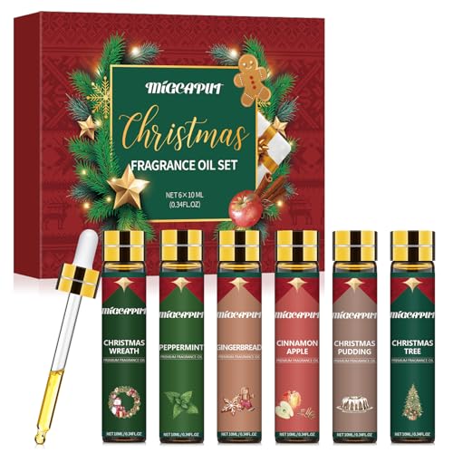 MIGCAPUT Set di Oli Essenziali di Natale 6 x 10ML, Olio Essenziale di Fragranza per Diffusori - Gingerbread, Mela Cannella, Budino, Ghirlanda, Albero di Natale, Menta Piperita