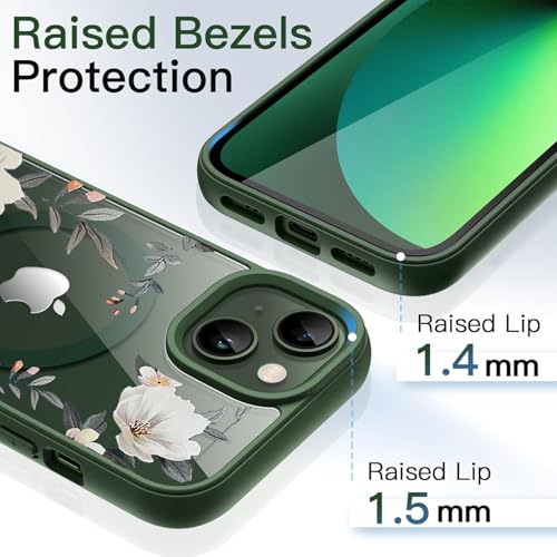 Image of VONZEE Compatible with iPhone 13 Case Luxury Retro Flowers Floral Clear for Magnetic Wireless Charging Case Shockproof Case PC+TPU Cute Glossy Shiny Cover for Girls Women, 6.1'' Green