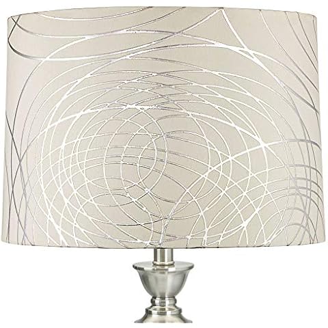 Off-White with Silver Circles Medium Drum Lamp Shade 15" Top x 16" Bottom x 11" High (Spider) Replacement with Harp and Finial - Springcrest Cover