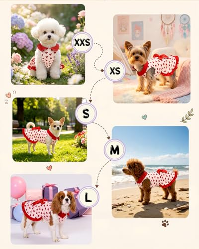 Image of CuteBone Romantic Red Heart Pet Dress with Peter Pan Collar - Pink & Red Pattern - Sleeveless Ruffled Skirt with Bow for Small Dogs, Cats - Valentine's & Daily Wear