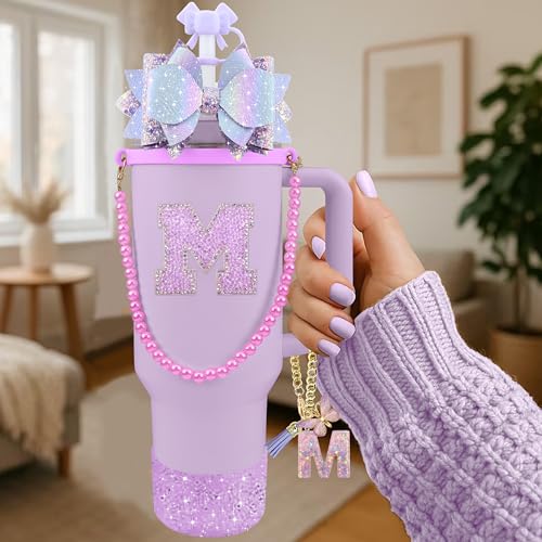 Hpebl 9PCS Purple for Stanley Cup Accessories Set Bling Initials Bow Charms for Stanley Decorations 30/40 Oz Tumbler Accessories Including Bow Straw Topper, Handle Strap, Spill Stopper（Letter M） — view 2