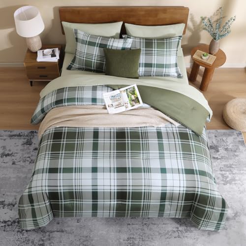 Image of MaiReve Plaid Queen Comforter Sets Olive Green, Classic Farmhouse Bedding Set Bed in a Bag 7 Pieces, Lightweight All Season Comforter Set with Fitted & Flat Sheet, Pillowcases & Shams