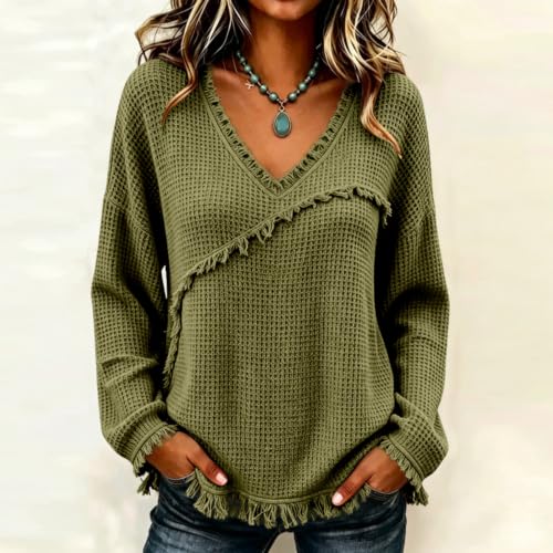 Waffle Knit Tops For Women Vintage Long Sleeve V Neck Frayed Raw Shirts - image 2
