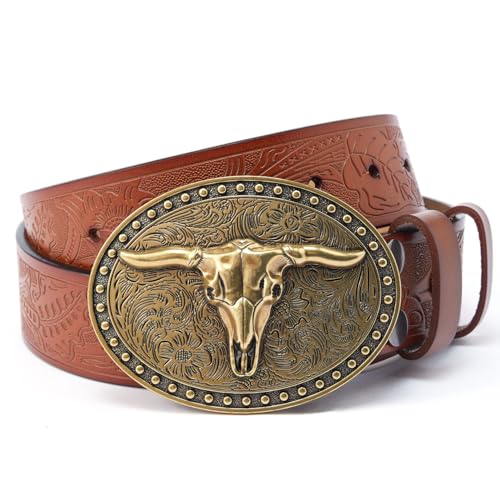 JIMJOY Men's Western Leather Belt Cowboy Belts for Men Big Engraved Buckle Belts