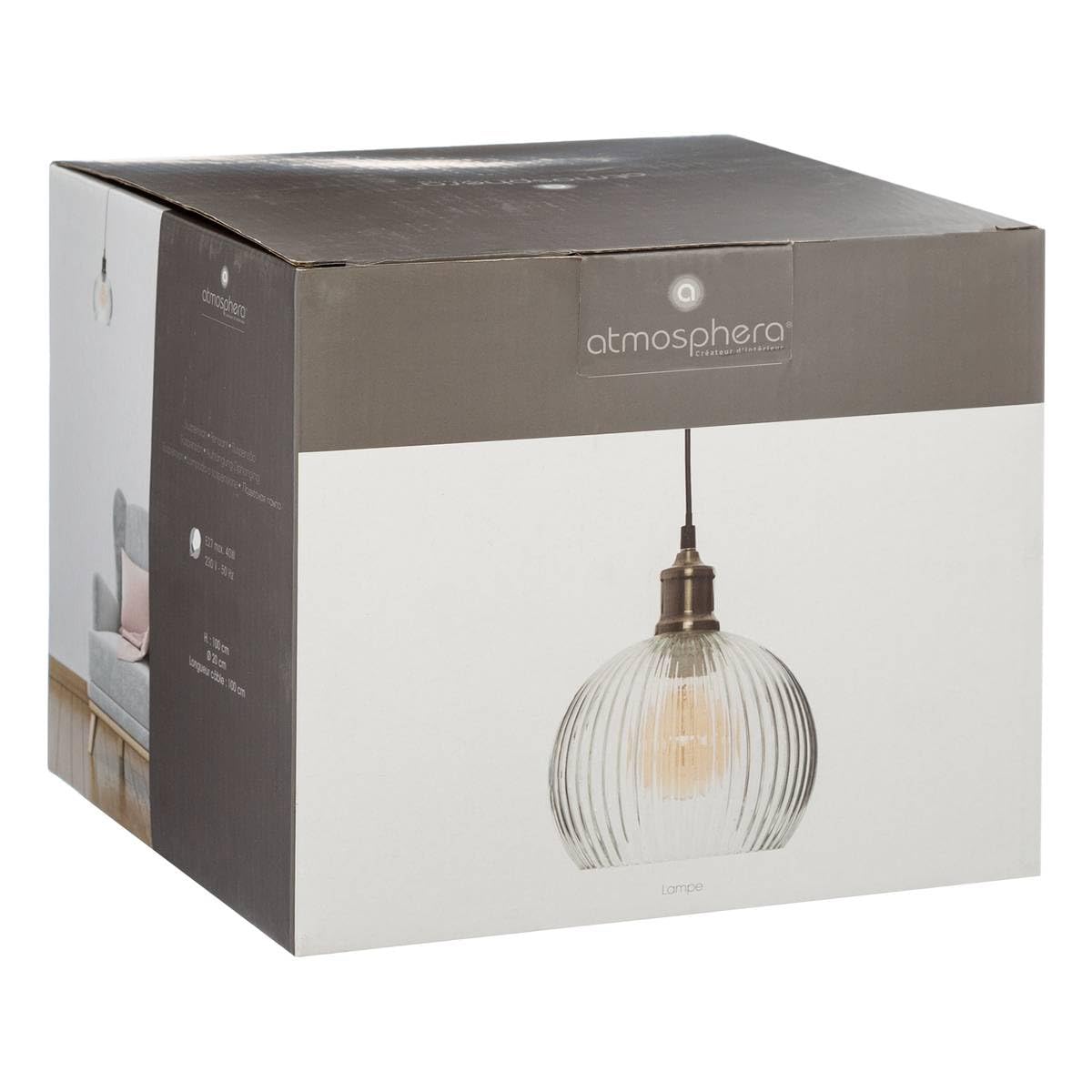 Atmosphera - Lámpara colgante Laye de cristal acanalado, 20 cm de diámetro, estilo retro bohemio - Lámpara de techo para salón y dormitorio