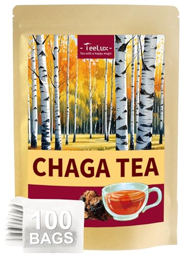Image of TeeLux Chaga Tea Bags, Pure Chaga Mushroom Tea, Caffeine Free, 100 Count | Natural Chaga Herbal Tea with Smooth & Mild Flavor, Hot or Iced