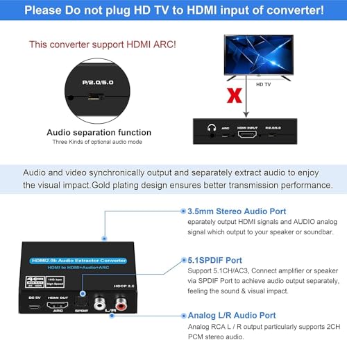 Image of MICROWARE 4K HDMI Audio Extractor - Optical TOSLINK + 5.1 /2CH & 3.5mm RCA Audio Converter