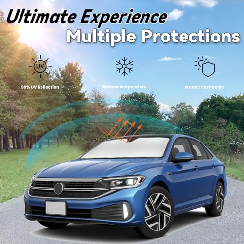 Image of Windshield Sun Shade for Volkswagen 2019-2024 2025 VW Jetta | Car Front Window SunShade Shield Cover with 240T Reflective Fabric Sun Visor Protector UV & Sun Heat Protection Accessories