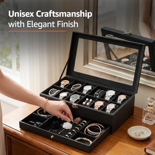 Image of Amazon Basics Sliding Drawer 12-Slot Watch and Jewelry Organizer - Faux Leather & MDF Storage Box for Men and Women, Black