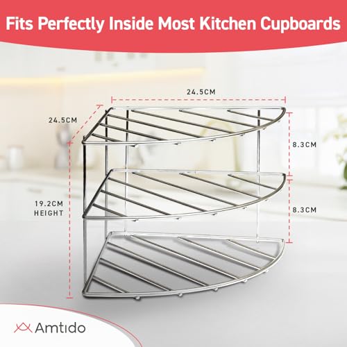 Amtido 3-Tier Plate Rack Kitchen Cupboard Organiser – Chrome Corner Shelf Plate Organiser for Bowls, Mugs, Pans, Dishes – Metal Dish Rack for Pantry, Countertop, Cabinet and Kitchen Shelf - Image 2