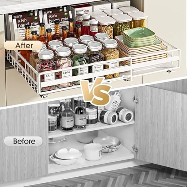 2pack Pull Out Cabinet Organizer, Expandable Slide Out Drawers for Kitchen Cabinets, Drawers Fixed with Adhesive Nano Film, Upgrade 3 Slide Rails, Adjustable Width 12-20.45 White