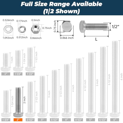 Image of 6 Sets Glvaner 1 /2-13 x 2 Stainless Steel Hex Head Screws Bolts, Nuts, Flat & Lock Washers, 18-8 (304) Stainless Steel, Full Thread, Coarse Thread