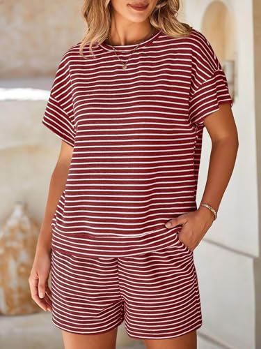 Image of Tankaneo Womens Pajama Sets Striped 2 Piece Lounge Sets Short Sleeve Oversized T Shirts Drawstring Shorts Matching Set